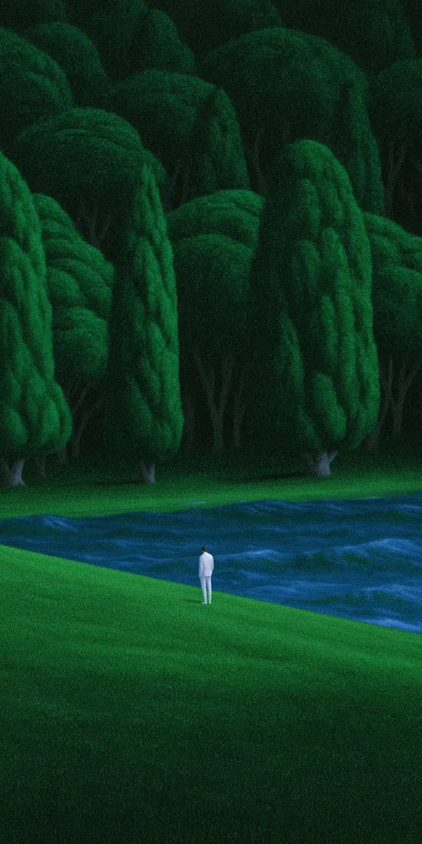White figure beside an emerald forest lake. Visual study of emerald forest, solitary figure, surreal green landscape