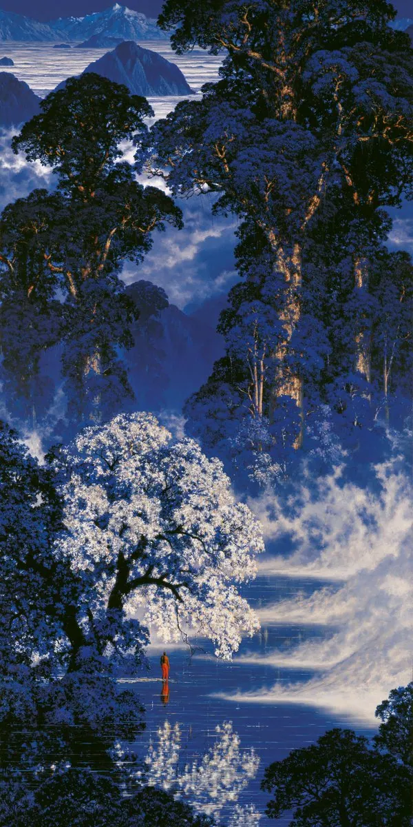 White flowering tree beside a mist river. Visual study of white blossom tree, blue forest, atmospheric landscape