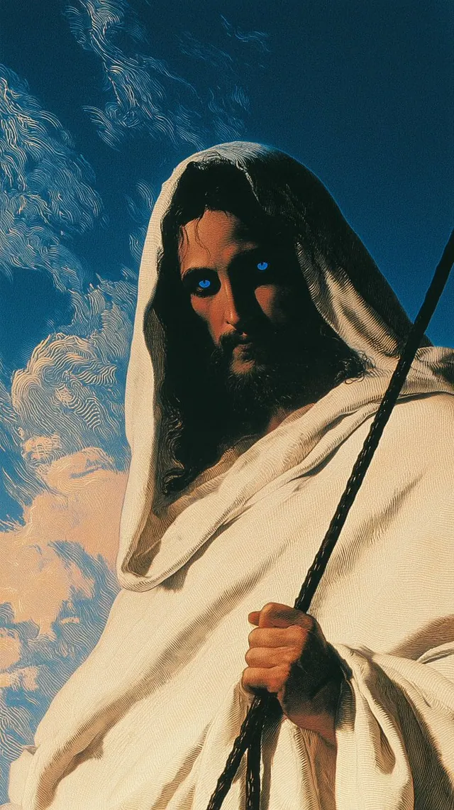 White hood and a dark staff. Visual study of white robe, blue eyed portrait, fantasy staff