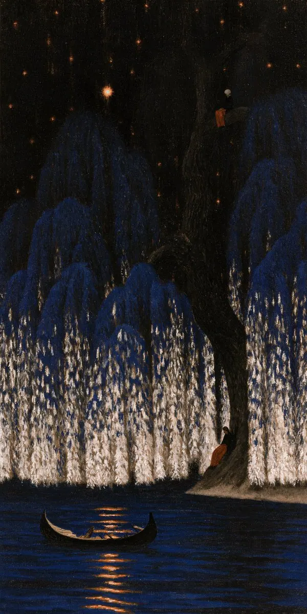 White light curtain beneath a dark blue willow. Visual study of night willow, luminous strands, crescent canoe