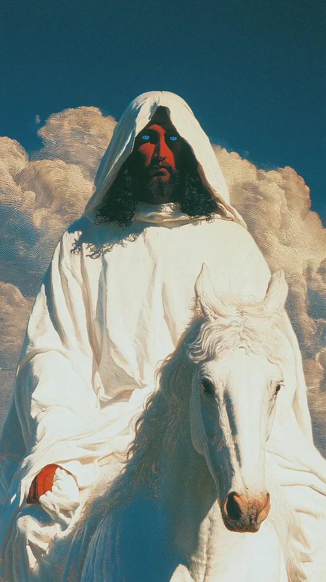White rider beneath ivory clouds. Visual study of white horse, hooded rider, fantasy illustration