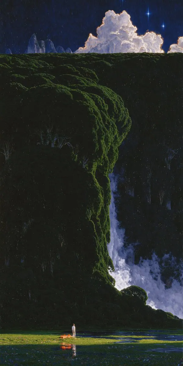 White waterfall beneath a midnight cloud. Visual study of waterfall landscape, surreal nature, miniature figure