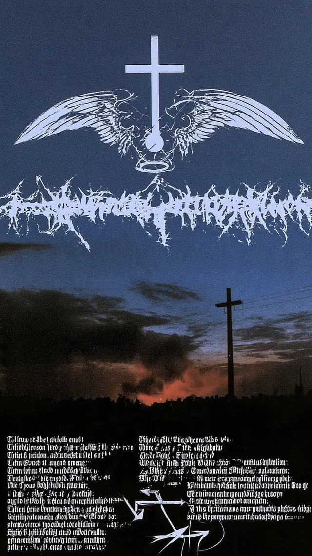 Winged cross above a twilight cemetery. Visual study of gothic poster, winged cross, twilight collage