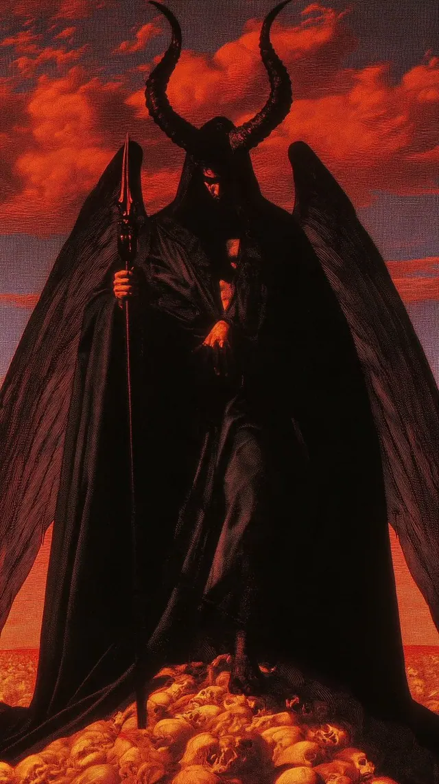 Winged figure on a mound of skulls. Visual study of winged demon, skull mound, red sky