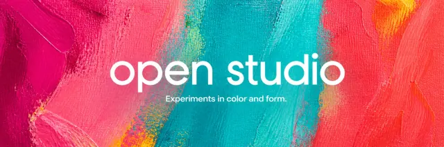 Wide X profile banner with Open studio lettering centered over colorful acrylic brushstrokes
