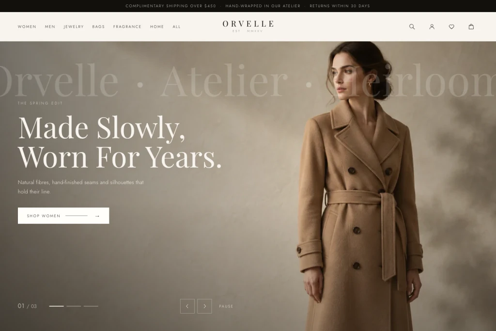 Orvelle fashion page with a coat photograph, collection navigation and a shopping action