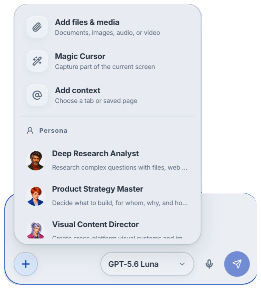 Clico AI humanizer menu with files, screen capture, context, and persona options