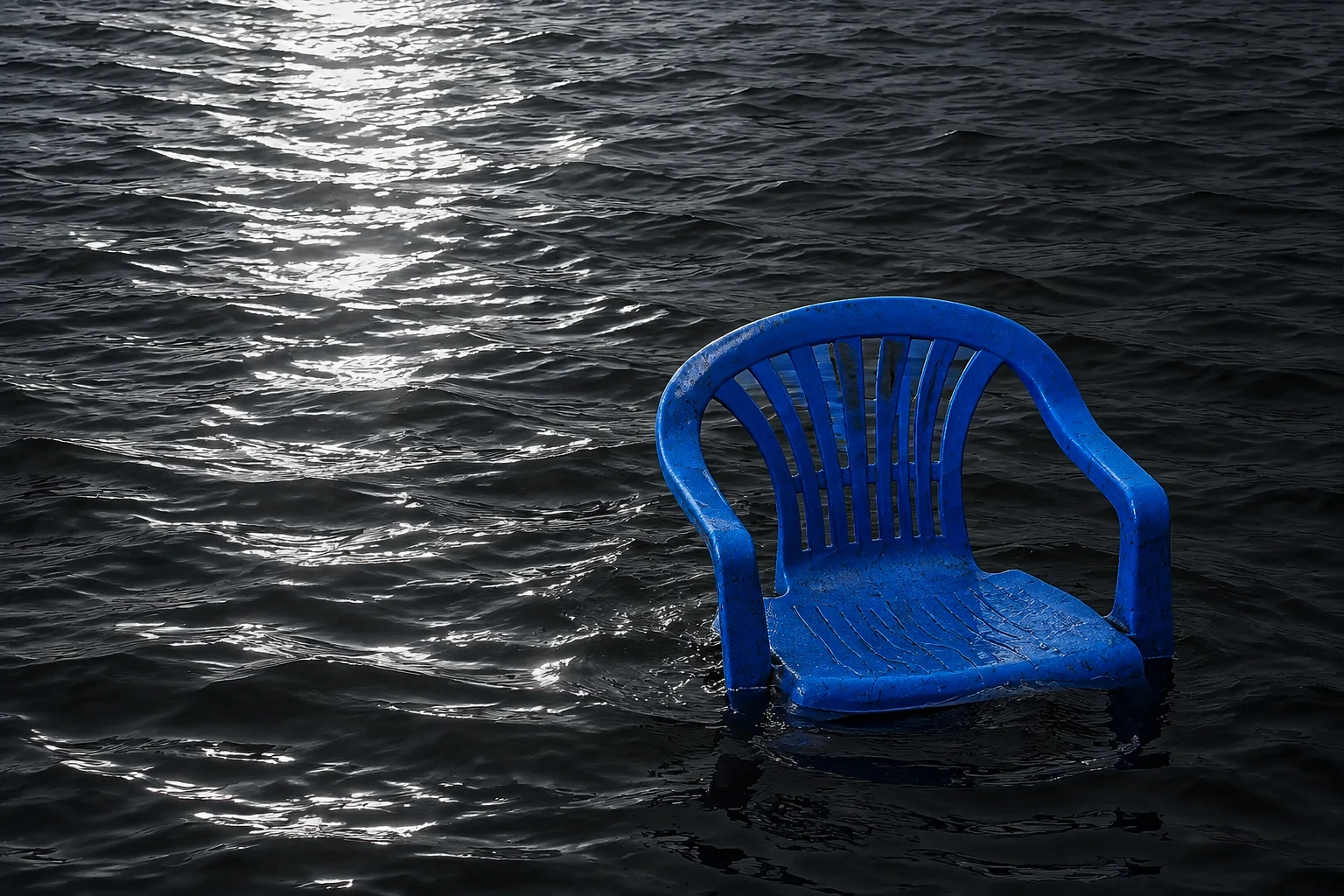 A vivid blue chair on the right of silver reflections in dark water