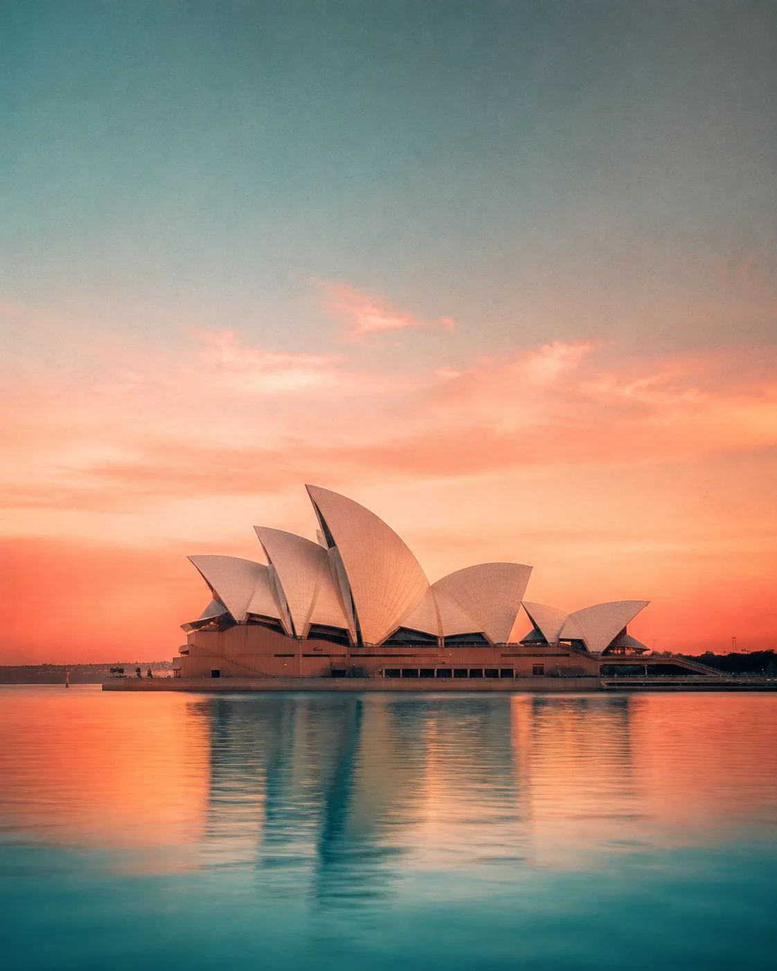 Sydney Opera House at sunset, with warm coral light reflected in calm harbour water