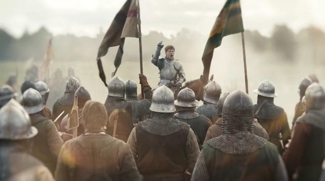 Short drama action reference: the commander raises a hand as soldiers gather around him.