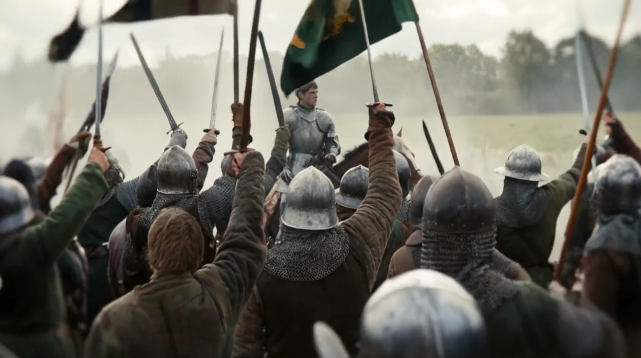 Microdrama scene result: soldiers raise their weapons beneath battle flags.