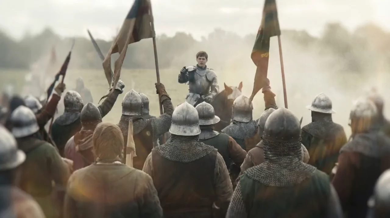 Microdrama scene breakdown: an armored commander faces soldiers beneath battle flags.