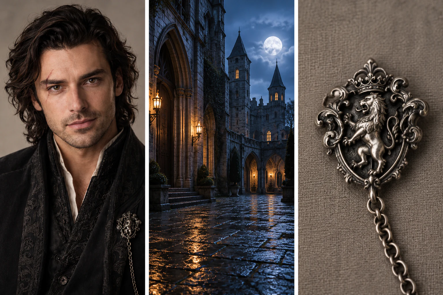 Character reference for a supernatural microdrama: a dark haired man in a black coat with a silver crest.