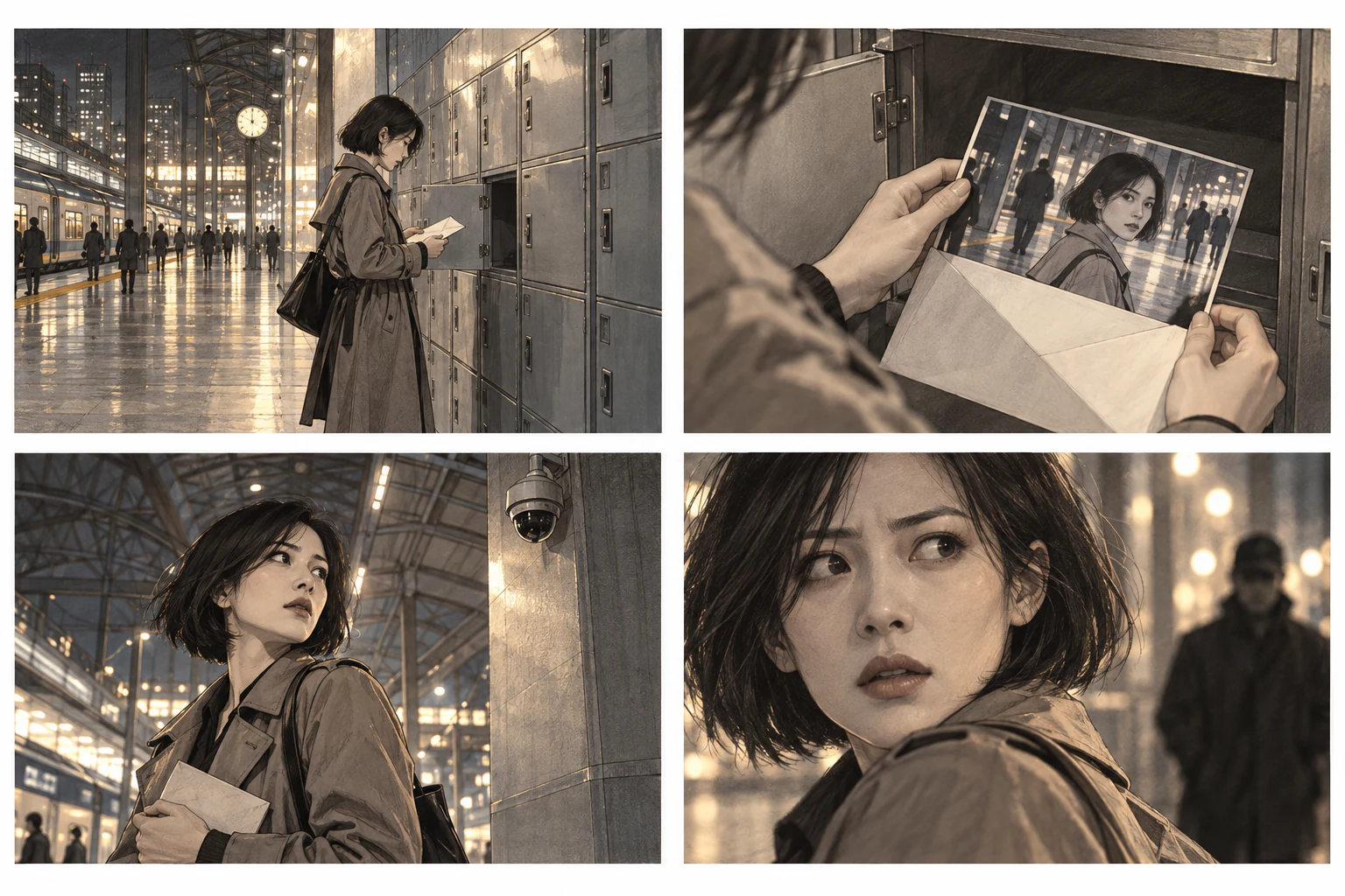 Microdrama storyboard concept: a woman reads a letter beside railway station lockers.