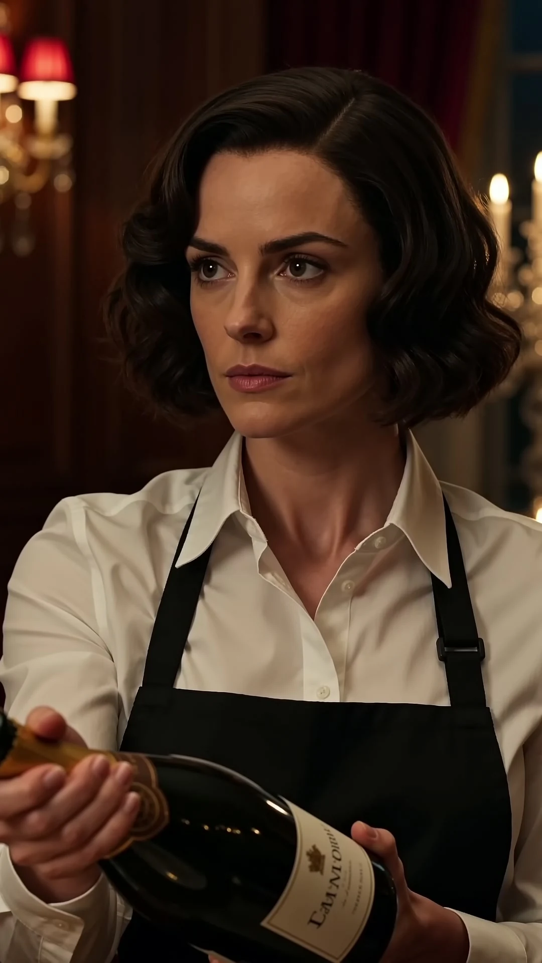 Revenge microdrama: a woman in a white blouse and black apron holds a wine bottle at a candlelit table.
