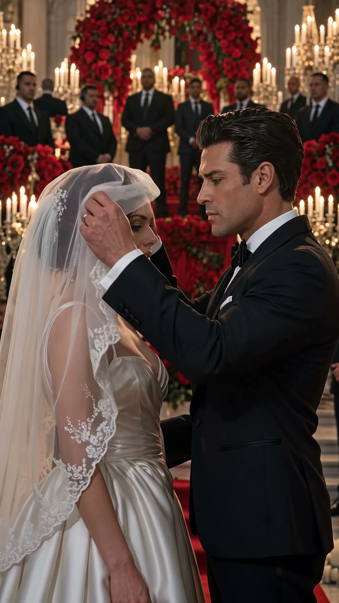 Mafia romance short drama: a bride and groom stand close beneath candles and red wedding flowers.