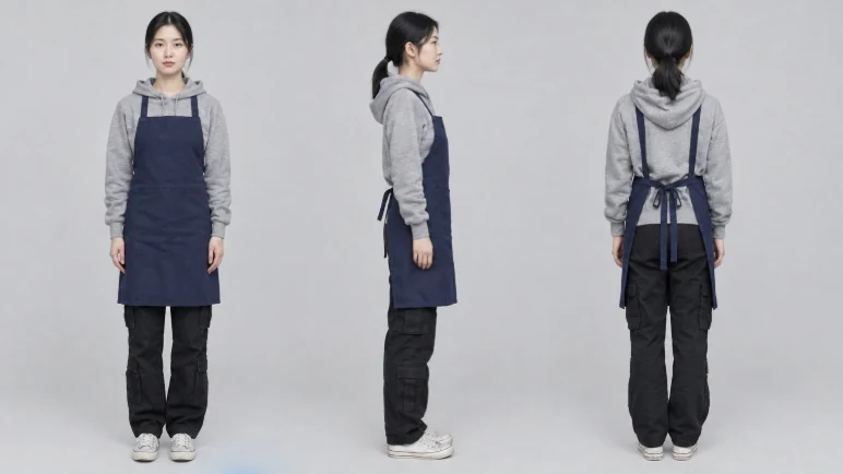 Microdrama character reference showing the same woman from the front, side and back in a navy apron.