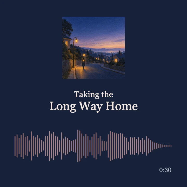 Taking the Long Way Home, the matching 30 second track generated in Clico, with its cover and measured audio waveform