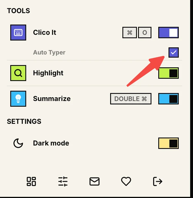 Clico settings panel showing the Auto Typer toggle nested under Clico It in the Tools list