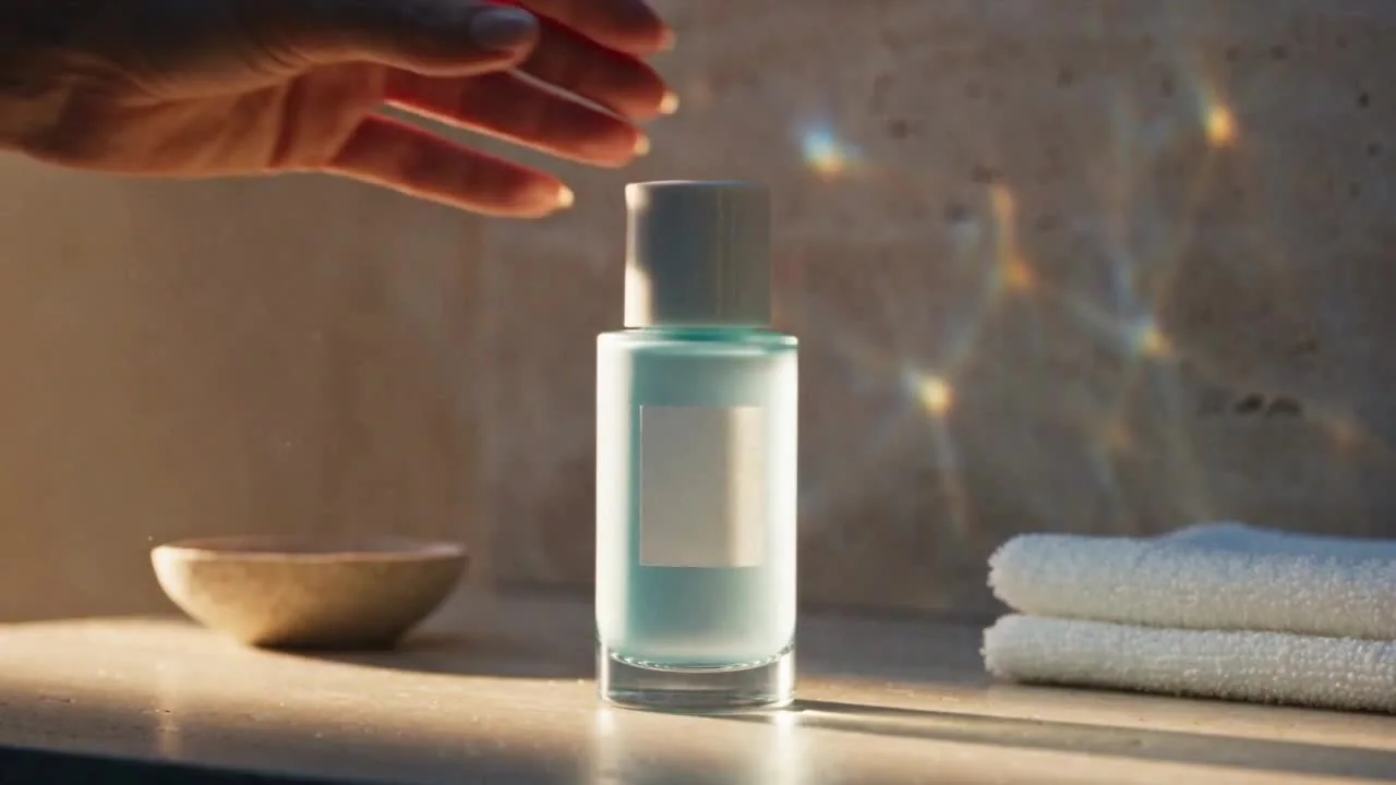 Actual video frame: compare the aqua bottle shape, cap, label and glass base with the input