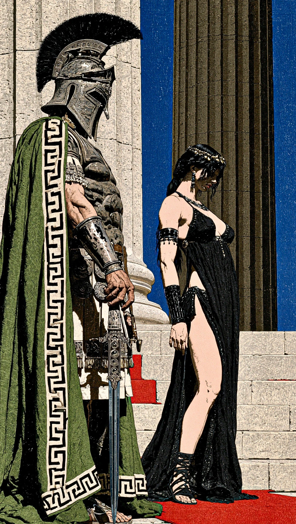 Original close composition of the warrior and woman