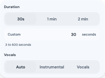 Clico music controls for duration and vocals, with a custom duration of 30 seconds