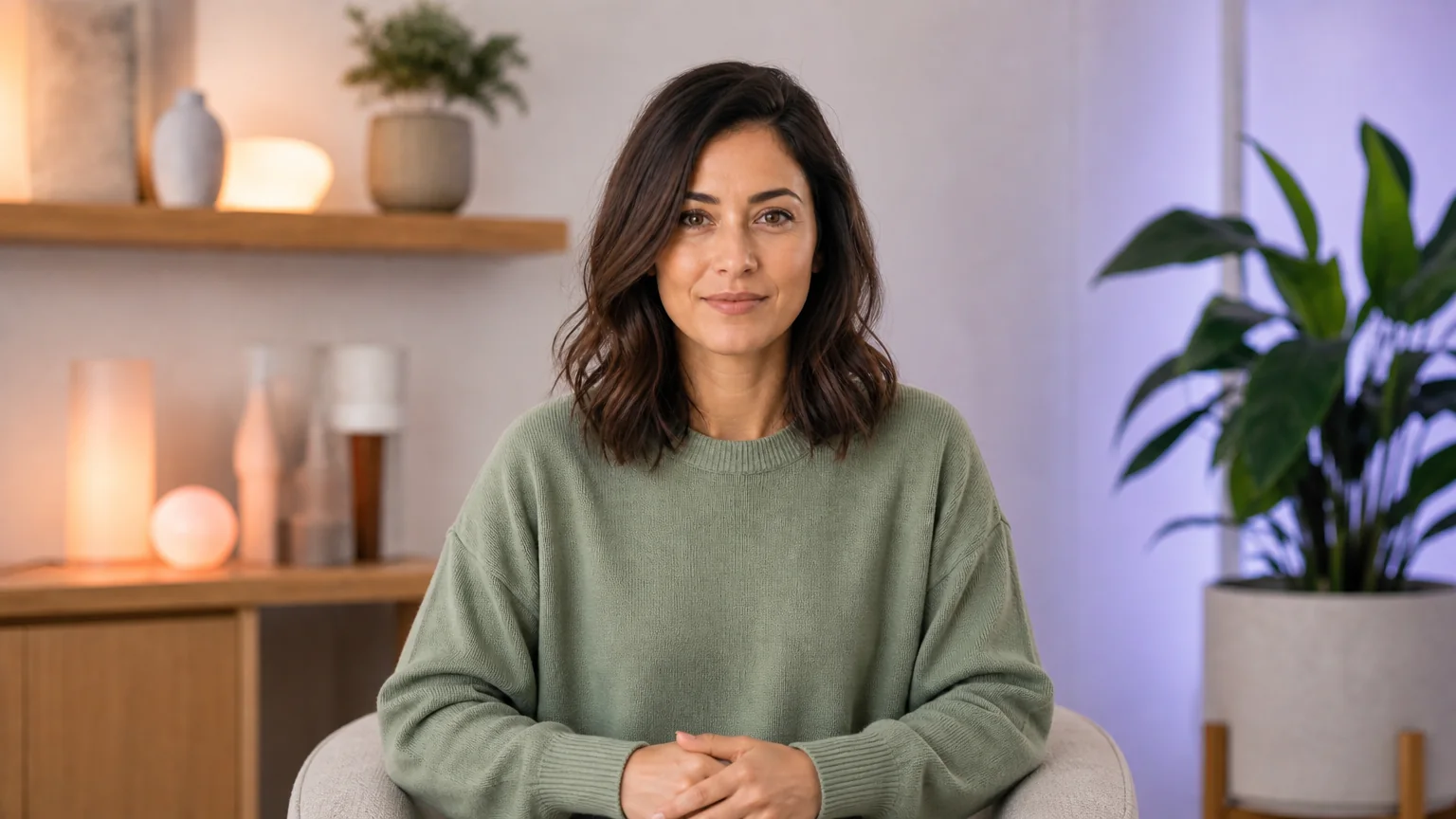 Fictional presenter Maya in a sage green sweater, seated with her hands visible in a studio with wooden shelves and plants. Source portrait for the introduction above.