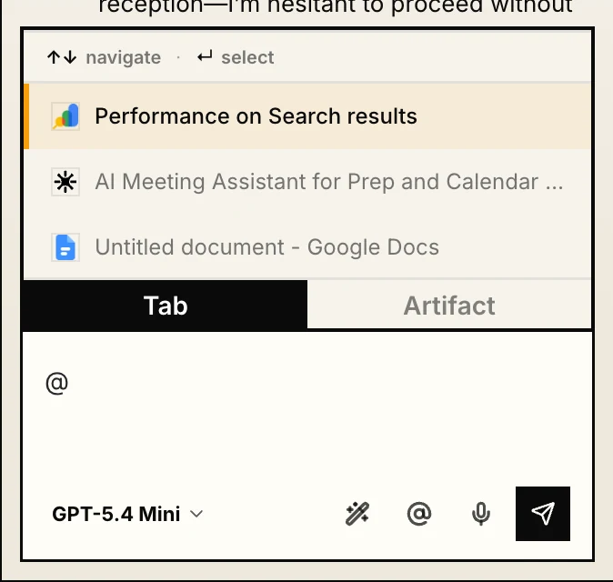 Clico's @ tab picker showing open browser tabs and saved pages that can be pulled into the prompt as context for a reply.