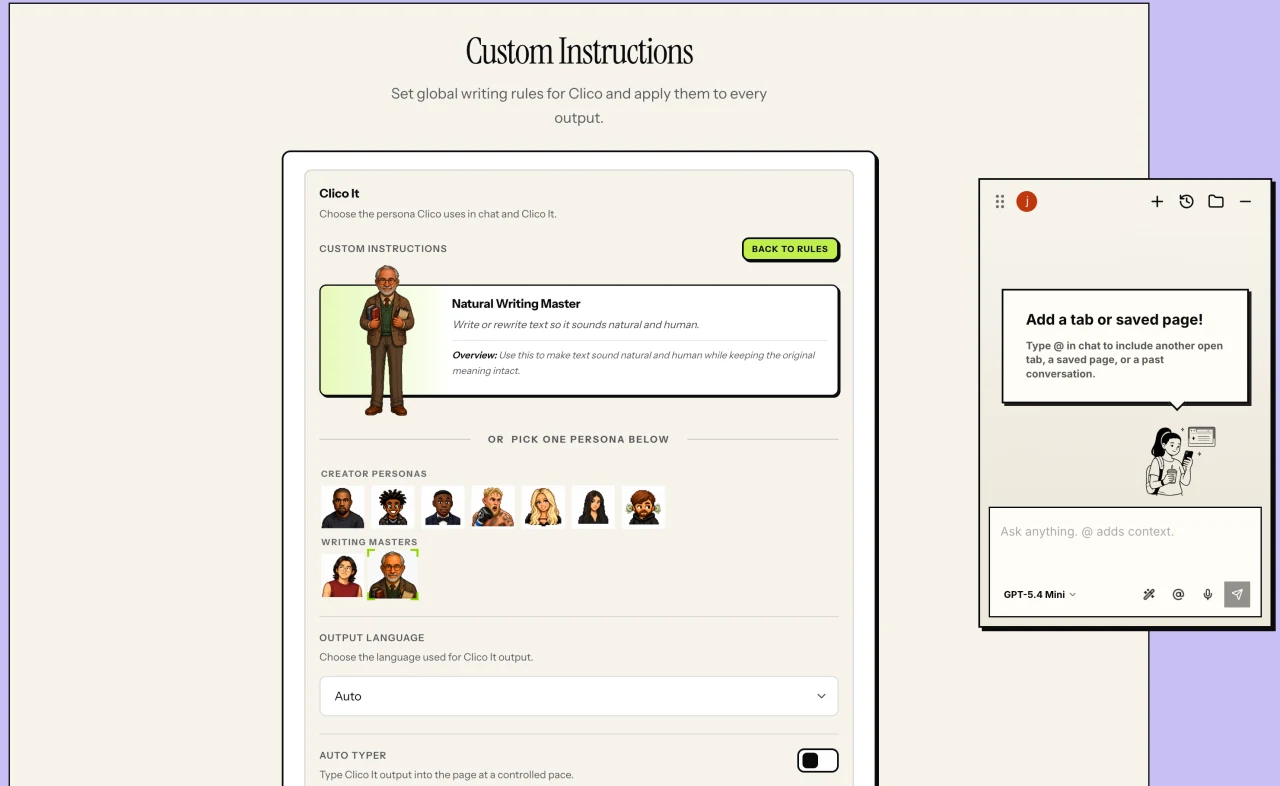 Clico's Custom Instructions screen showing the Natural Writing Master preset, plus rows of creator personas and writing master personas you can pick from.