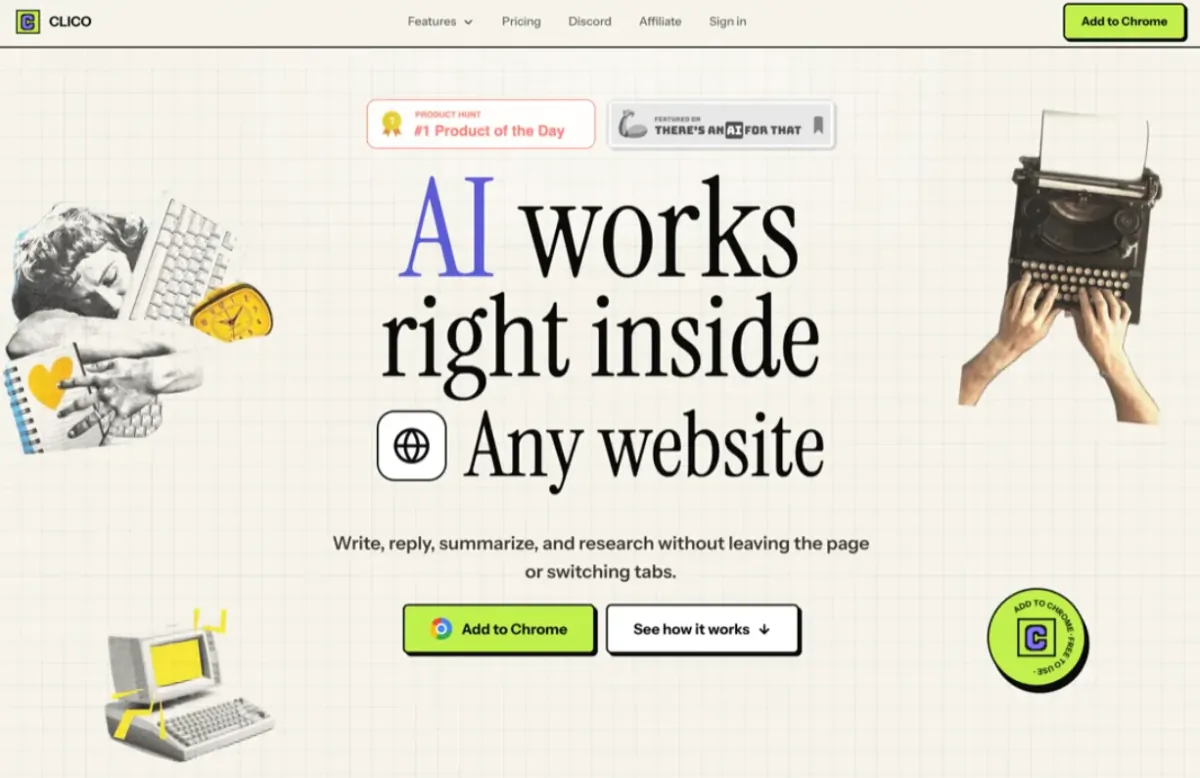 Clico Chrome Extension website showing AI writing tools that work inside other websites.