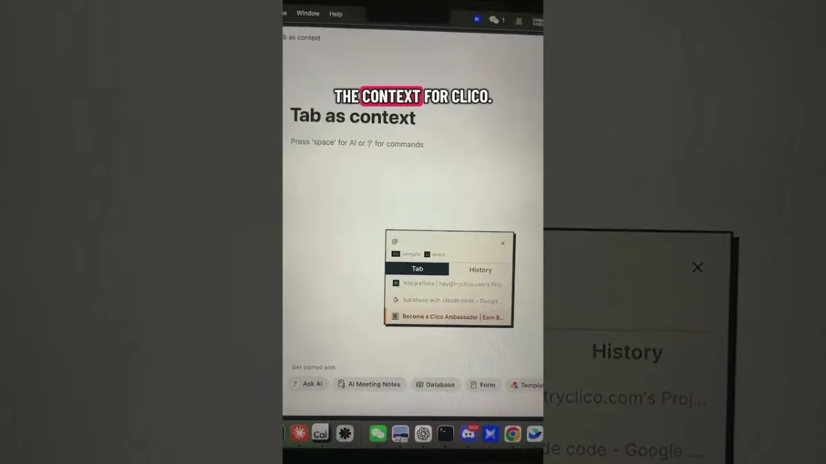 Clico Chrome Extension Chat Panel showing browser tabs that can be added as conversation context.