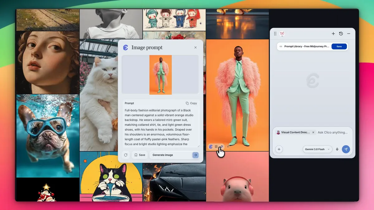 Clico Image to Prompt in Chrome, with a fashion reference and an editable prompt beside it.