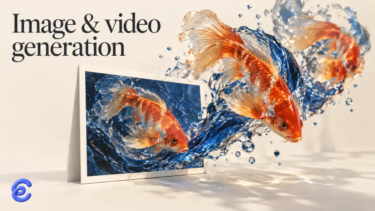 Clico AI image and video generation artwork showing a glass fish emerging from a still picture into blue water.