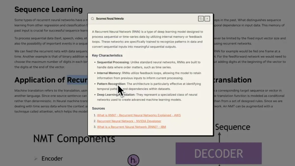 Clico AI research assistant explaining selected text from a paper with source references.