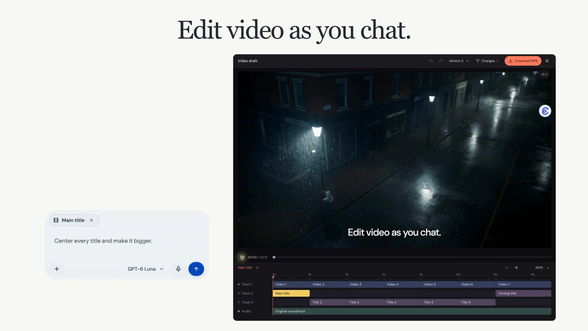 Clico AI video editor with chat, a selected title, three video tracks and an audio track.