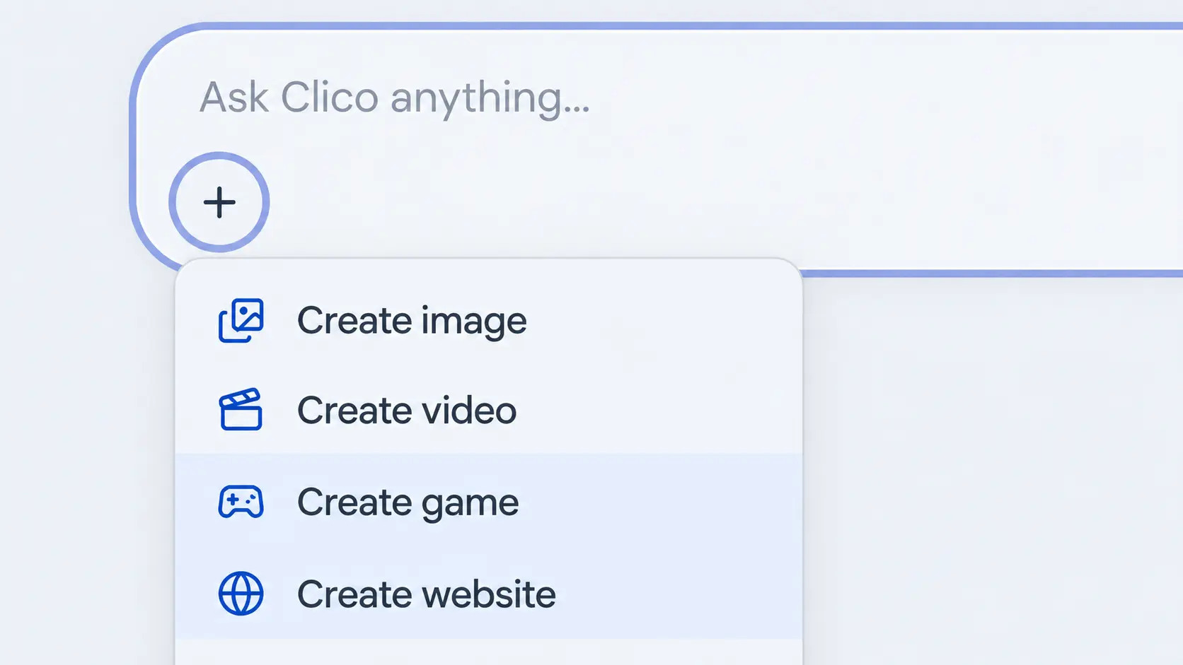 Clico AI website and game builder options in the composer, with Create game and Create website highlighted.