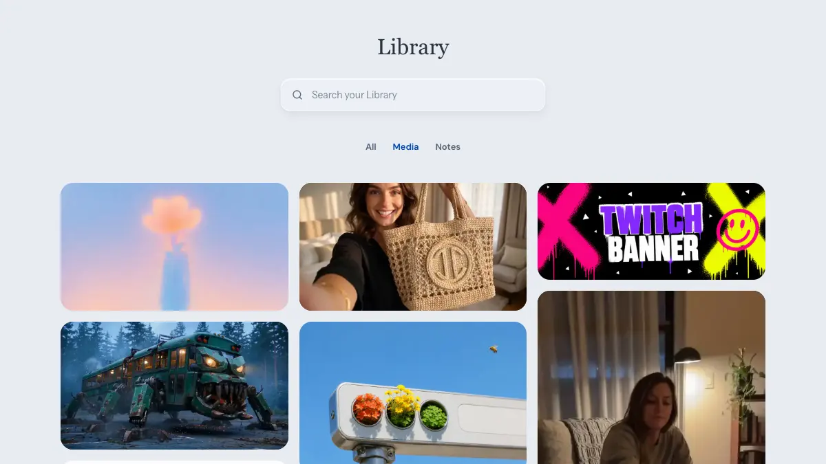 Clico Library showing saved AI images and videos together in a searchable media collection.