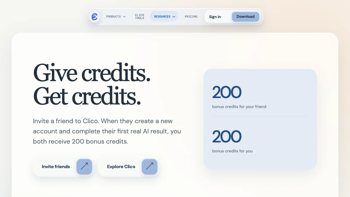 Clico referral page showing 200 bonus AI credits for an eligible friend referral and 200 for the inviter.